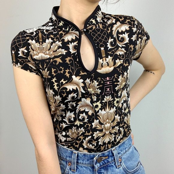 Vintage 90s Y2K Black Brown Asian Top Cheongsam - Picture 6 of 7